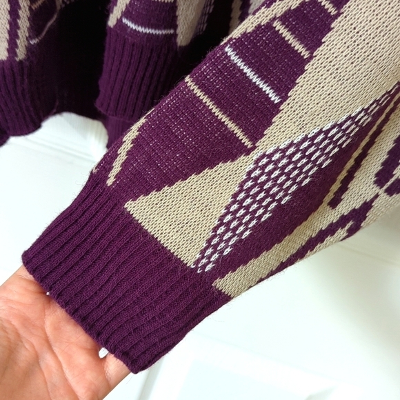 Aspetuck Trading Co. 90's Vintage Funky Knit Crewneck Sweater Taupe Purple XL - Picture 10 of 12